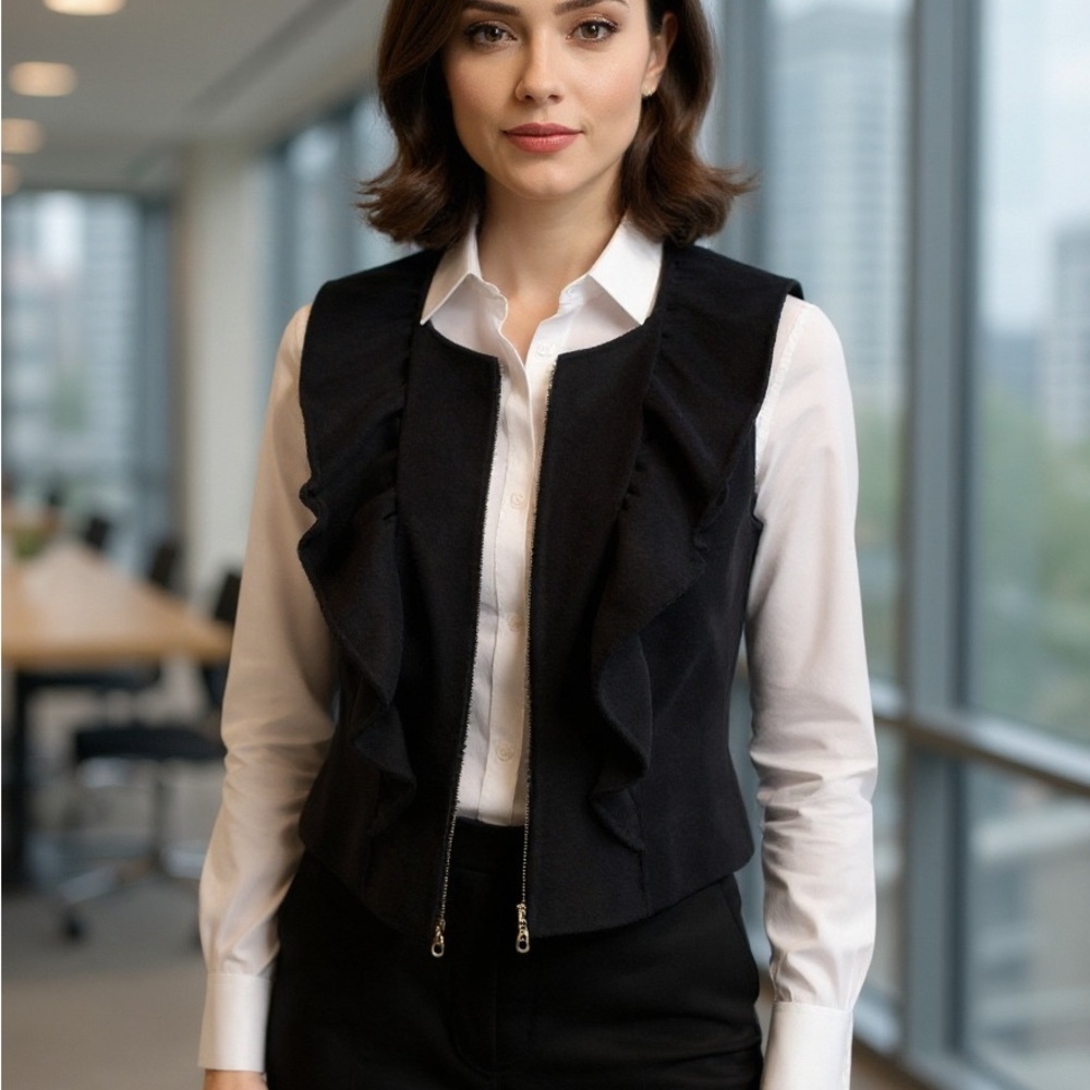 St. John Black Vest with adorable ruffle front detail, zips up the front